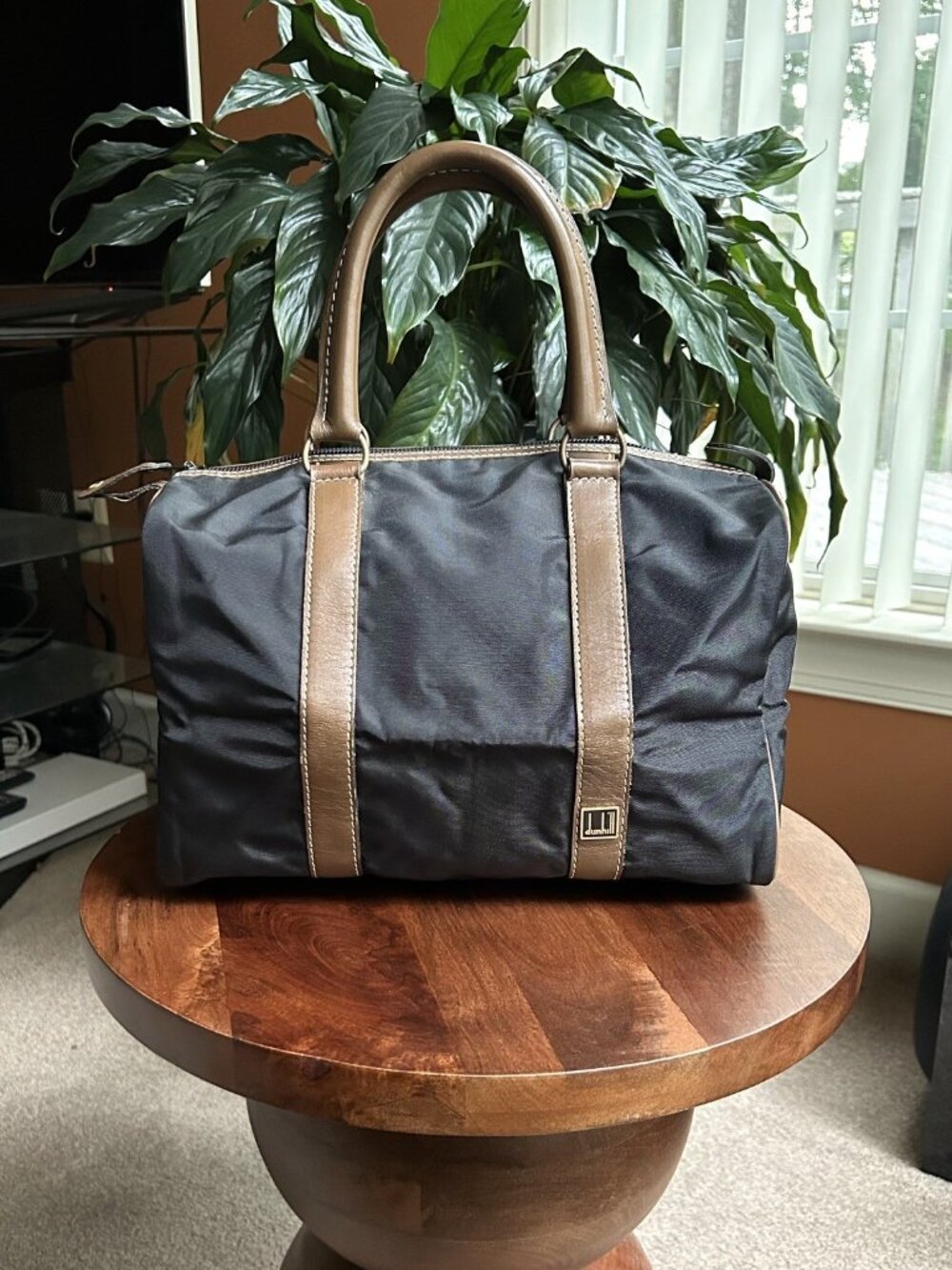 DUNHILL Canvas and Leather Boston Bag, Black and Taupe